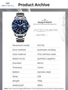 SEA-GULL 1pc Men Silver Stainless Steel Strap Business Water Resistant Round Dial Mechanical Watch, For Daily Life - Blue - View 7