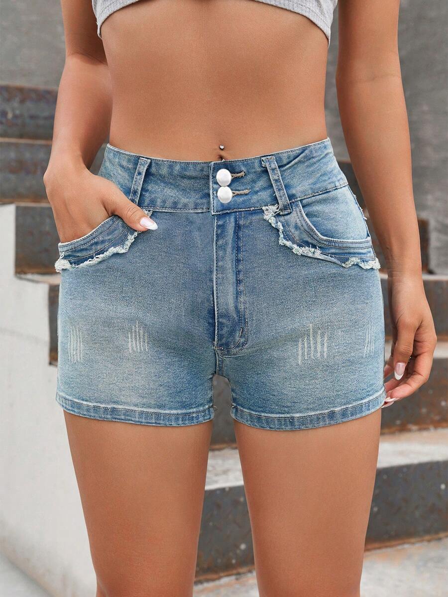 Quần short denim nữ Nút Túi Dây kéo màu trơn - Rửa nhẹ - Xem 1