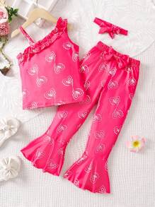小女童愛心圖案荷葉邊上衣和喇叭褲和頭巾 - 玫紅色 - 查看 1