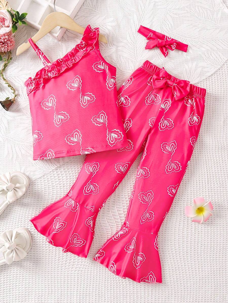 小女童愛心圖案荷葉邊上衣和喇叭褲和頭巾 - 玫紅色 - 查看 1
