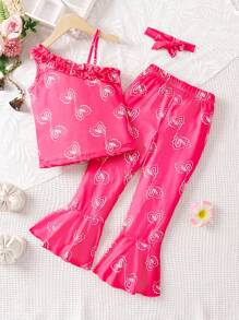 小女童愛心圖案荷葉邊上衣和喇叭褲和頭巾 - 玫紅色 - 查看 2