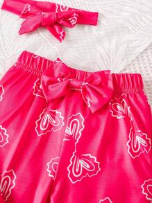 小女童愛心圖案荷葉邊上衣和喇叭褲和頭巾 - 玫紅色 - 查看 5