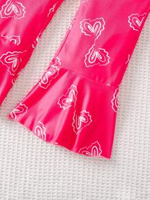 小女童愛心圖案荷葉邊上衣和喇叭褲和頭巾 - 玫紅色 - 查看 6