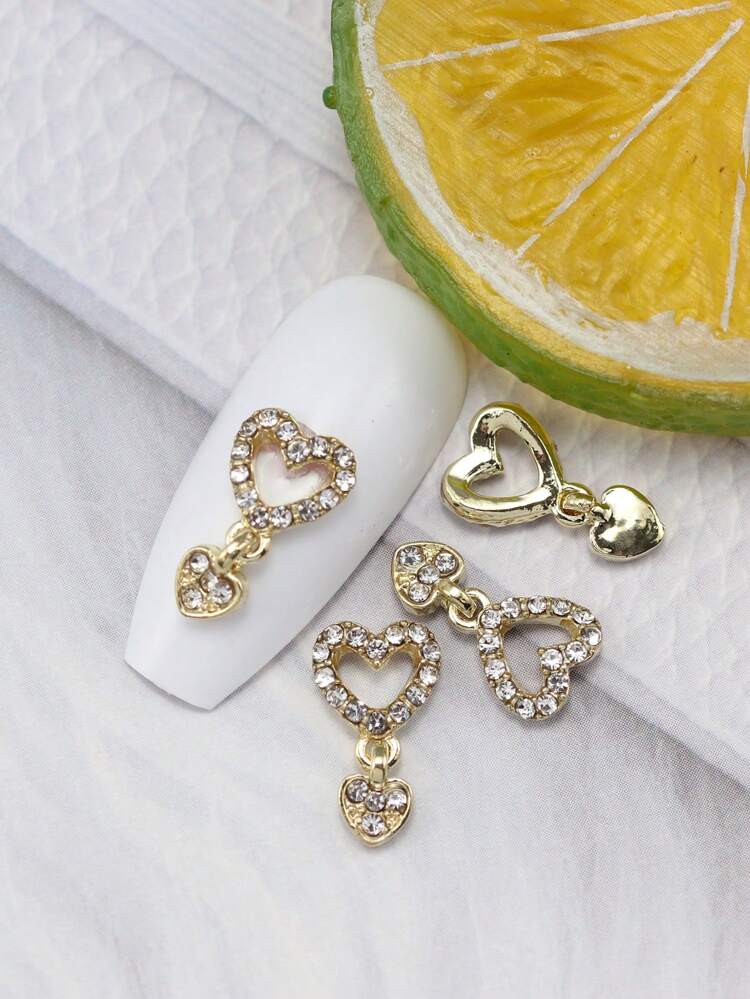 3D Metal Heart Design Nail Art Decoration, 10Pcs Dangle Nail Art Charms With Rhinestone Decor Jewelry For Manicure Accessories Diy Nail Gems Nail Supplies Nails