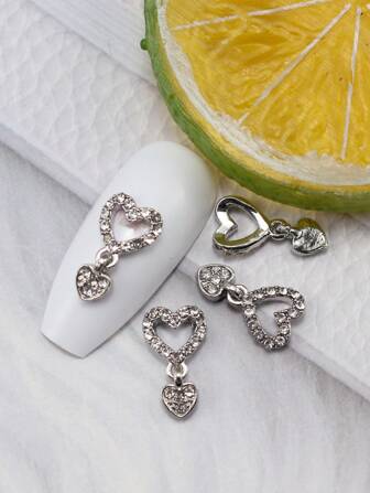 Metal Heart Design Nail Art Decoration, 10Pcs 3D Dangle Nail Art Charms With Rhinestone Decorations Rhinestones Jewelry Manicure Accessory Diy Nail Gems Nail Supplies Nails