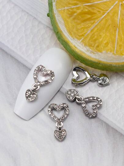 Metal Heart Design Nail Art Decoration, 10Pcs 3D Dangle Nail Art Charms With Rhinestone Decorations Rhinestones Jewelry Manicure Accessory Diy Nail Gems Nail Supplies Nails