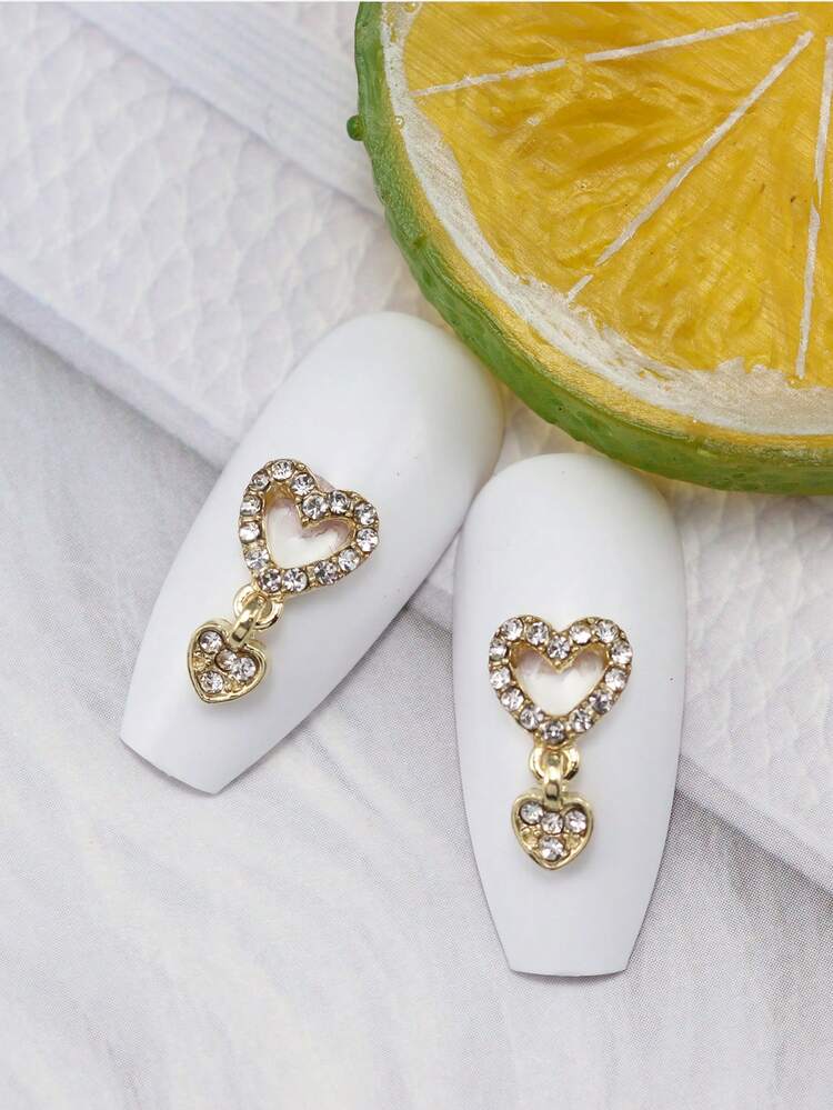 3D Metal Heart Design Nail Art Decoration, 10Pcs Dangle Nail Art Charms With Rhinestone Decor Jewelry For Manicure Accessories Diy Nail Gems Nail Supplies Nails