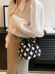 Mini Geometric Pattern Bucket Bag Drawstring Design Chain
