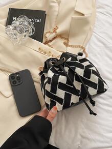 Mini Geometric Pattern Bucket Bag Drawstring Design Chain