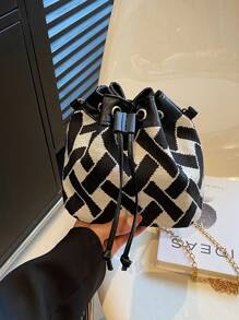 Mini Geometric Pattern Bucket Bag Drawstring Design Chain