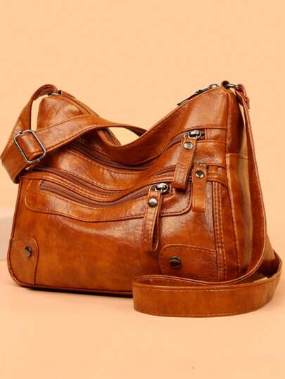 復古設計多拉鍊流浪包帶可調整肩帶