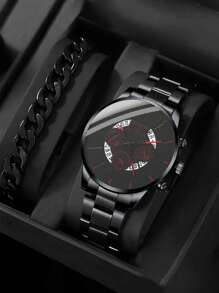 男士圓形指針日期石英手錶&1入組手鏈 - 黑色 - 查看 1