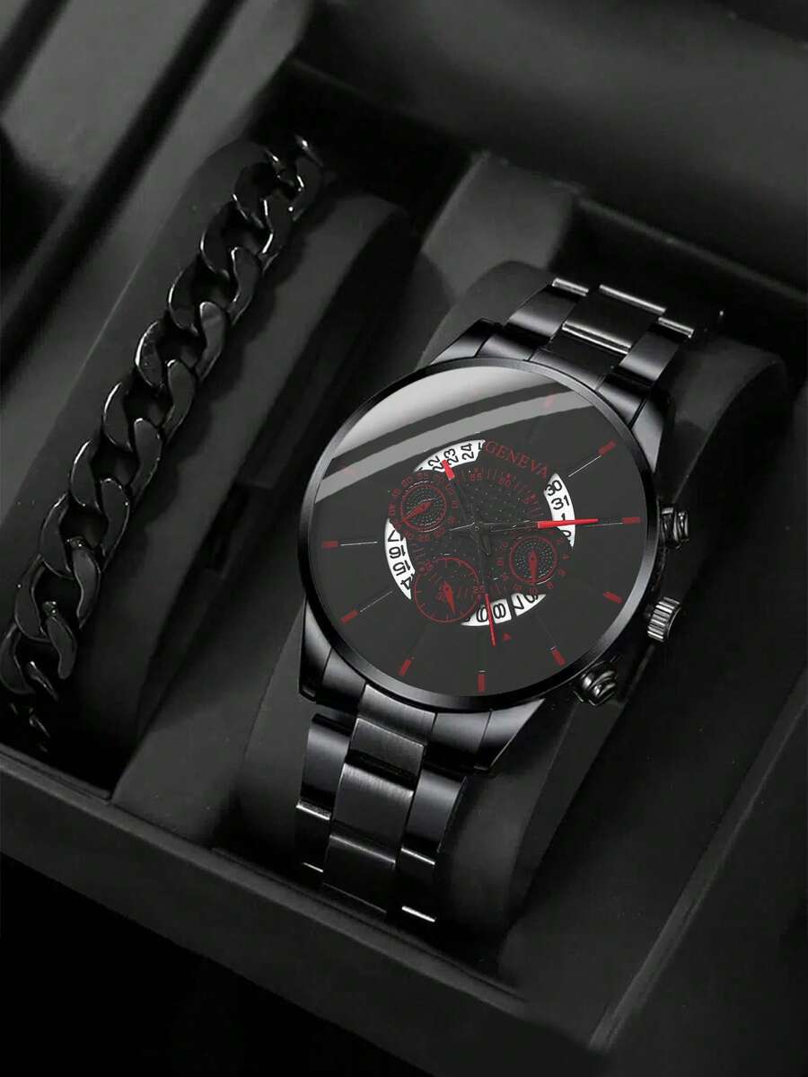 男士圓形指針日期石英手錶&1入組手鏈 - 黑色 - 查看 1