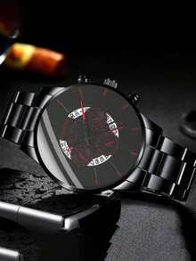 男士圓形指針日期石英手錶&1入組手鏈 - 黑色 - 查看 3