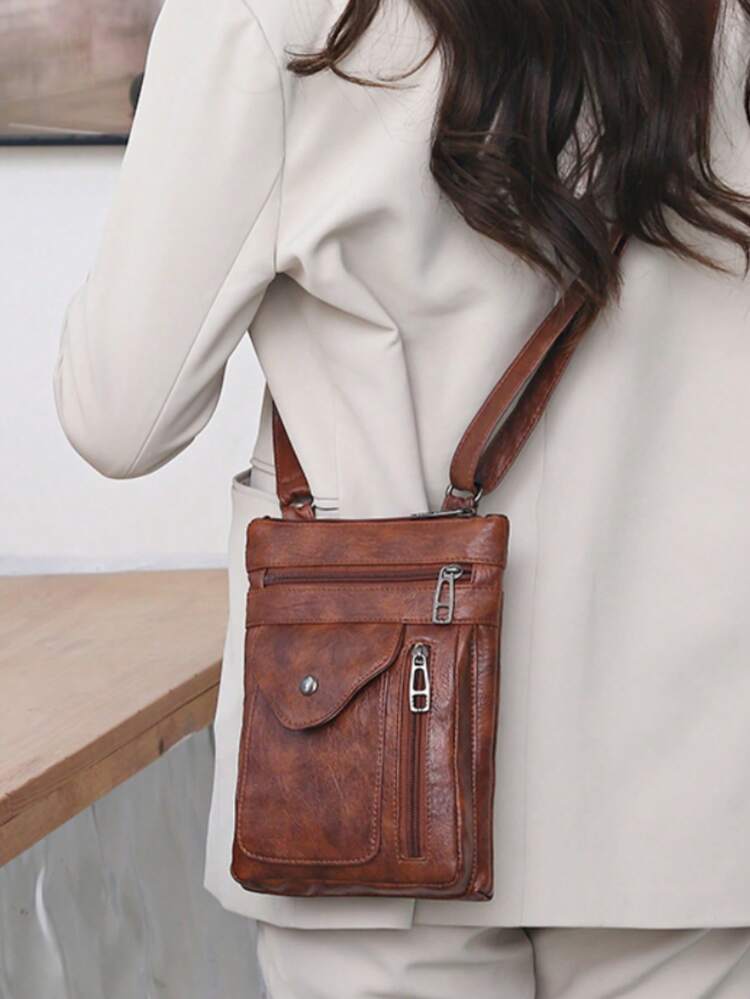 New PU Leather Women Backpack Simple And Versatile One Shoulder Diagonal Bag Wide Shoulder Strap Casual Motorcycle Bag, Retro Shoulder Bag, Outdoor Running Waist Bag Celebrity Style Diagonal Bag, Phone Bag, Fashionable Unisex Backpack, Stylish High Capacity Casual Bag