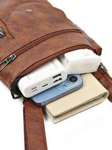 新款 PU 皮革女士背包简约百搭单肩斜跨包宽肩带休闲摩托车包、复古单肩包、户外跑步腰包明星款斜跨包、手机包、时尚男女通用背包、时尚大容量休闲包 - 巧克力棕 - 查看 5