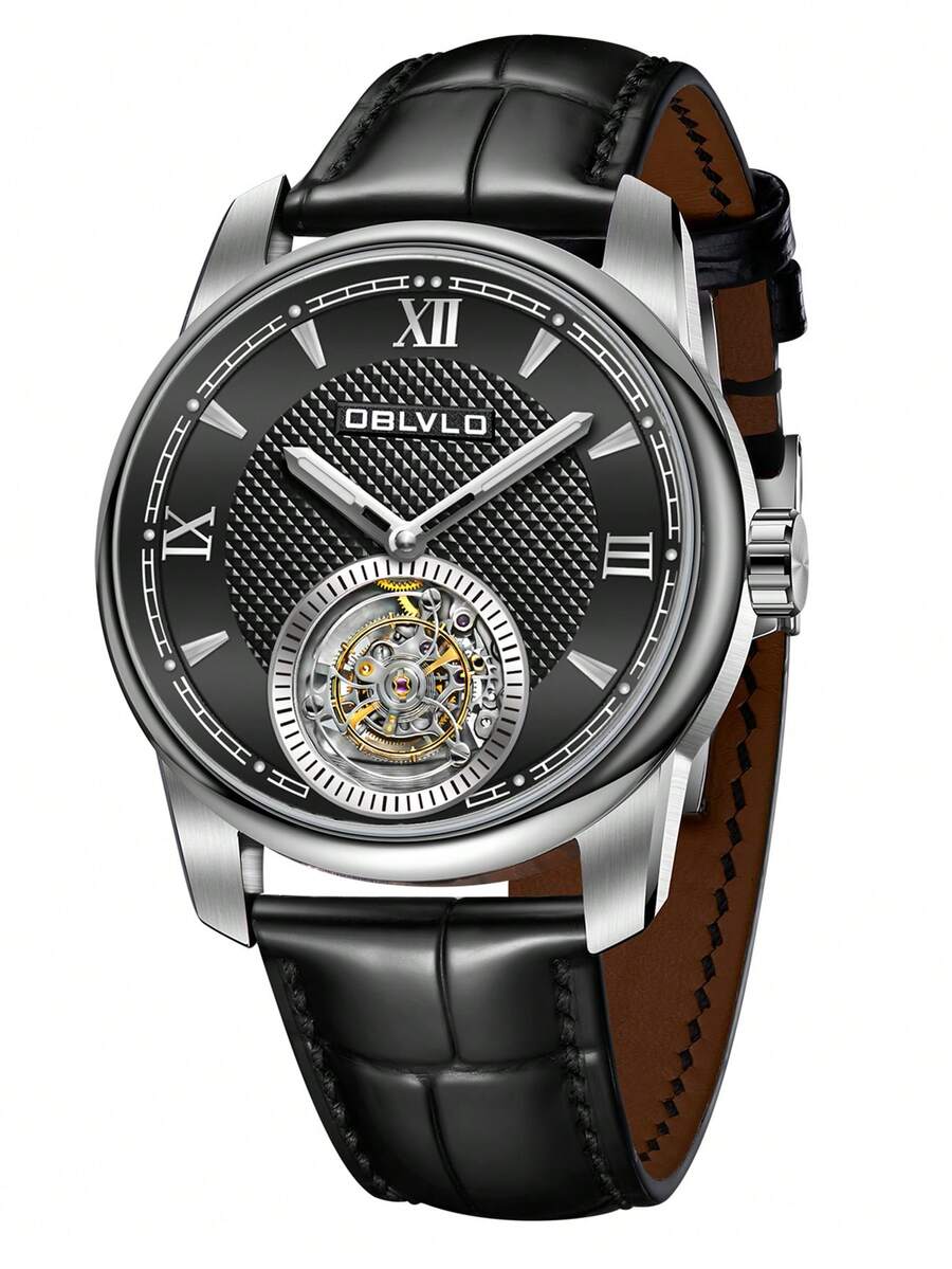 OBLVLO Hollow Out Round Pointer Water Resistant Mechanical Watch - White - View 1