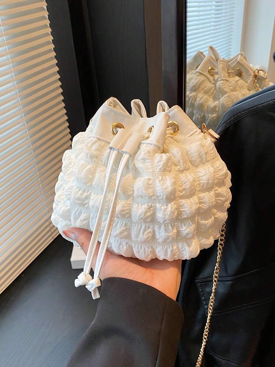 Mini torba ze sznurkiem z łańcuszkiem i wiadro Ruched Design - Biały - Zobacz 1