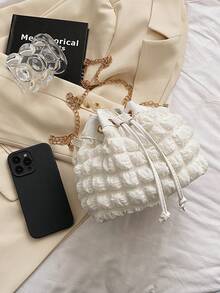 Mini torba ze sznurkiem z łańcuszkiem i wiadro Ruched Design - Biały - Zobacz 6