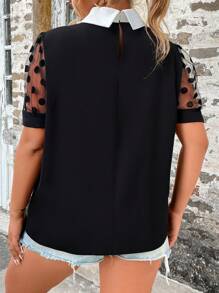 SHEIN Clasi Áo sơ mi Plus Size Tương phản ren Tương phản Mesh Khối Màu Giải trí - màu đen - Xem 2