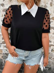 SHEIN Clasi Áo sơ mi Plus Size Tương phản ren Tương phản Mesh Khối Màu Giải trí - màu đen - Xem 3