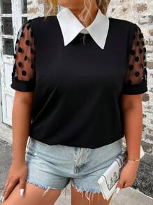 SHEIN Clasi Áo sơ mi Plus Size Tương phản ren Tương phản Mesh Khối Màu Giải trí - màu đen - Xem 6