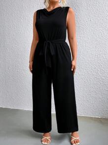 SHEIN Clasi 大碼垂領腰帶無袖連體褲 - 黑色 - 查看 5