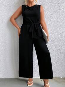 SHEIN Clasi 大碼垂領腰帶無袖連體褲 - 黑色 - 查看 3