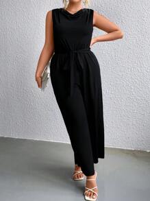 SHEIN Clasi 大碼垂領腰帶無袖連體褲 - 黑色 - 查看 4