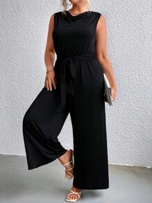 SHEIN Clasi 大碼垂領腰帶無袖連體褲 - 黑色 - 查看 1