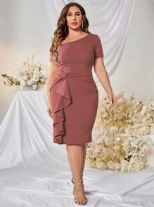 MUXXN Plus Ruffle Trim Ruche Bodycon Dress - Dusty Pink - View 1
