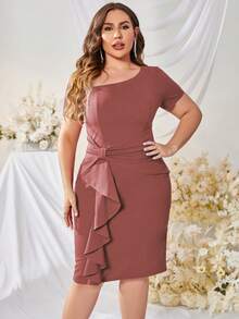 MUXXN Plus Ruffle Trim Ruche Bodycon Dress - Dusty Pink - View 4