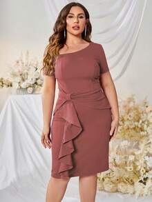 MUXXN Plus Ruffle Trim Ruche Bodycon Dress - Dusty Pink - View 5
