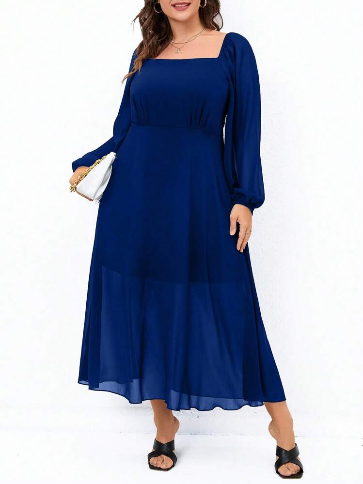 SHEIN LUNE Đầm Plus Size Nếp gấp Phần Ngực màu trơn Giải trí - Màu xanh lam - Xem 1