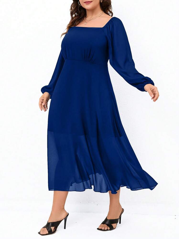 SHEIN LUNE Đầm Plus Size Nếp gấp Phần Ngực màu trơn Giải trí - Màu xanh lam - Xem 3