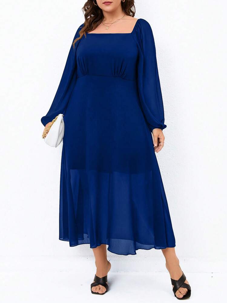 SHEIN LUNE Đầm Plus Size Nếp gấp Phần Ngực màu trơn Giải trí - Màu xanh lam - Xem 5