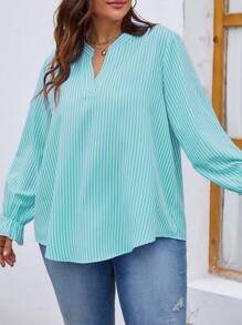 SHEIN LUNE 大碼條紋圖案缺口領喇叭袖襯衫 - 薄荷藍 - 查看 4