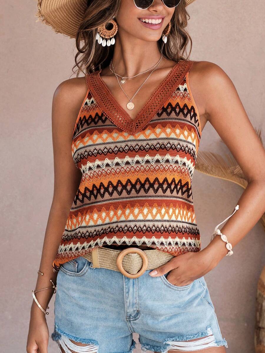 SHEIN VCAY 幾何印花蕾絲拼接寬肩帶上衣