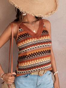 SHEIN VCAY 幾何印花蕾絲拼接寬肩帶上衣