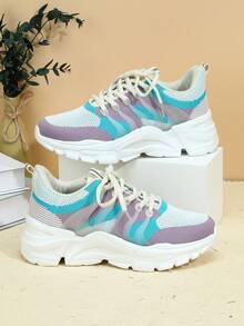 Kids Color Block Lace Up Front Breathable Sporty Chunky Sneakers For Outdoor - Multicolor - View 1