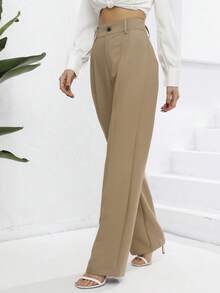 高腰直筒褲 - 卡其色 - 查看 5