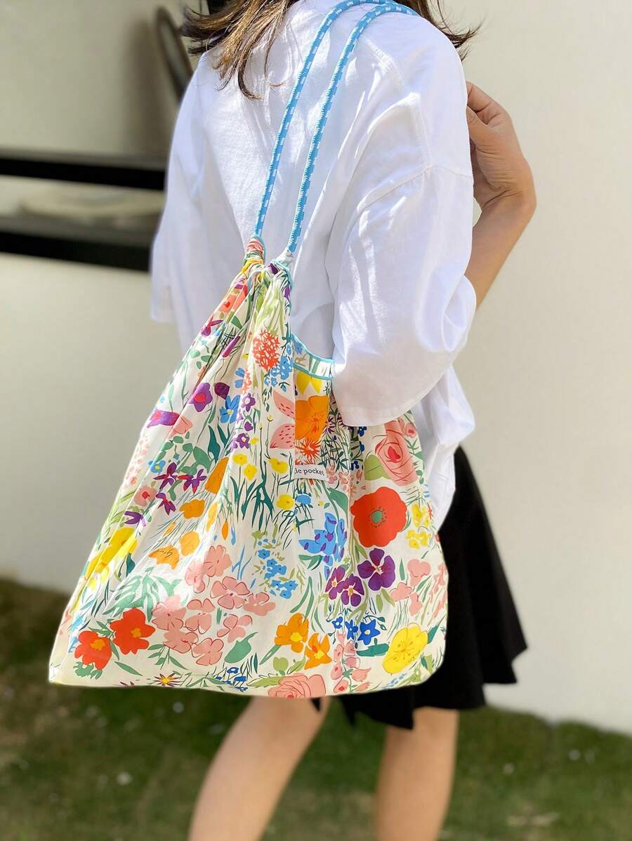 Túi mua sắm đồ họa hoa đôi tay cầm Preppy - Nhiều màu - Xem 1