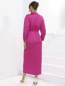 素色前扭結圍裹洋裝 - 玫紅色 - 查看 2