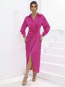 素色前扭結圍裹洋裝 - 玫紅色 - 查看 4