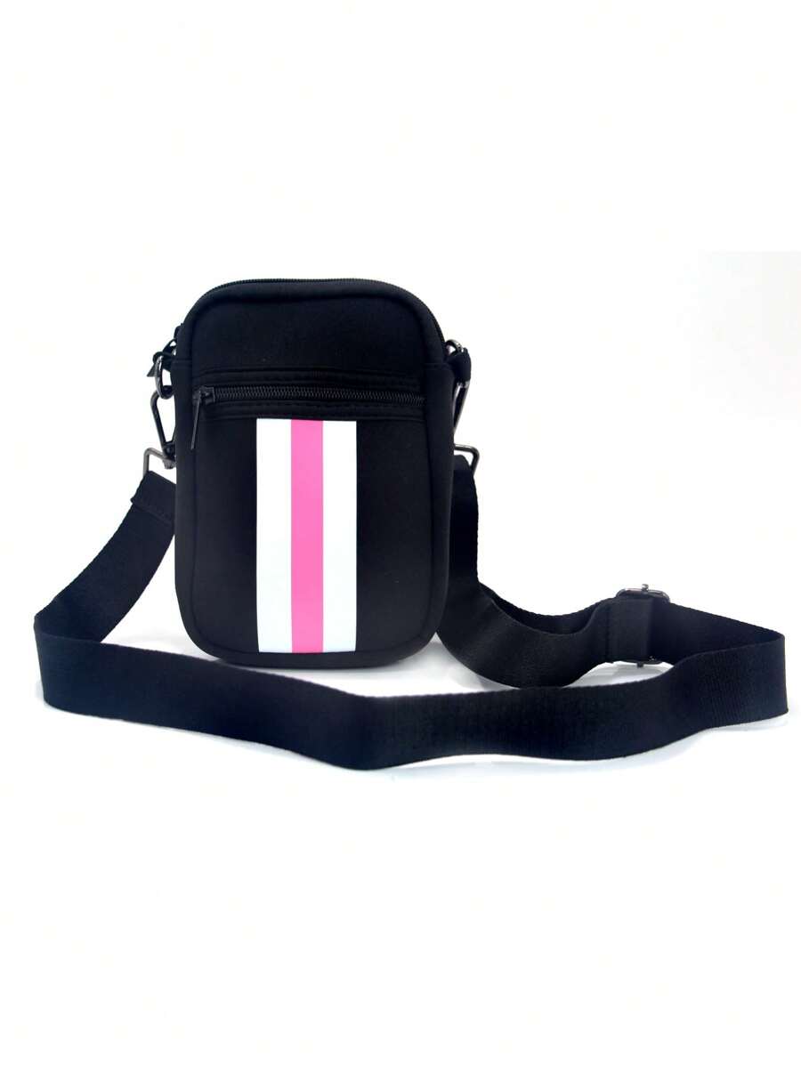 迷你條紋圖案斜挎包拉鍊可調節肩帶書包適合畢業生、青少年女孩、新生、大二、初中和高中學生、大學和高中，非常適合戶外、旅行和返校 - 黑色 - 查看 1