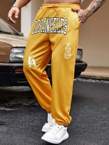 Manfinity EMRG Pantalones De Chándal Sueltos De Cintura Con Cordón Y Letras Gráficas Para Hombres - Amarillo - Ver 3