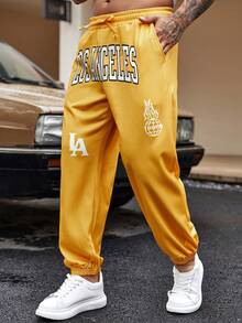 Manfinity EMRG Pantalones De Chándal Sueltos De Cintura Con Cordón Y Letras Gráficas Para Hombres - Amarillo - Ver 4