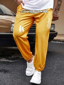 Manfinity EMRG Pantalones De Chándal Sueltos De Cintura Con Cordón Y Letras Gráficas Para Hombres - Amarillo - Ver 5
