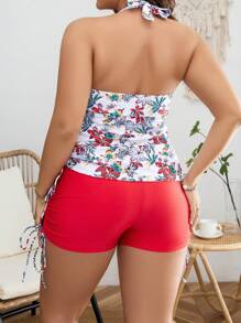 Swim Lushoire Bãi biển mùa hè Plus Size Dây rút in hoa bên hông Halter Tankini - Nhiều màu - Xem 2