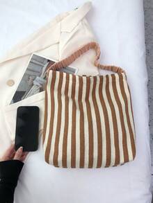 條紋圖案流浪包抽褶手柄中等的 - 棕色 - 查看 3